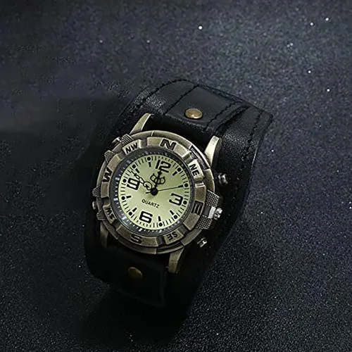 Vista 5 de Pulsera de reloj retro punk de cuero genuino para hombre, estilo hip hop, versátil