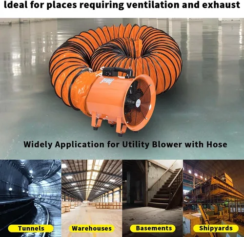 Vista 4 de Soplador utilitario de 8 pulgadas, ventilador de alta velocidad con manguera de conducto, ventilador portátil de bajo ruido, extractor de humos