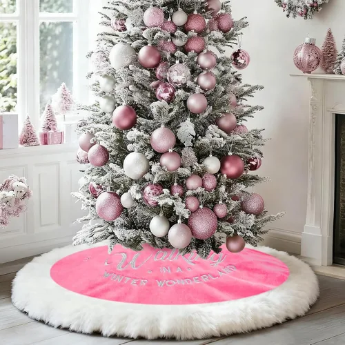 Vista 6 de yuboo Falda de árbol de Navidad rosa, 36 pulgadas de piel sintética de lujo con copos de nieve bordados, alfombra de árbol rosa rubor para árbol
