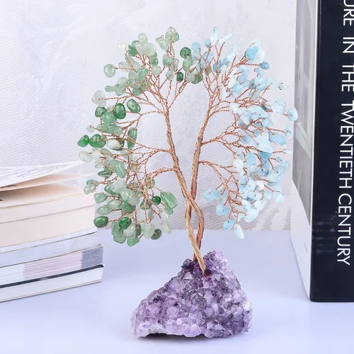 Vista 4 de mookaitedecor Árbol de cristal de aventurina verde natural y aguamarina con base de racimo de amatista, árbol del dinero de la vida adorno