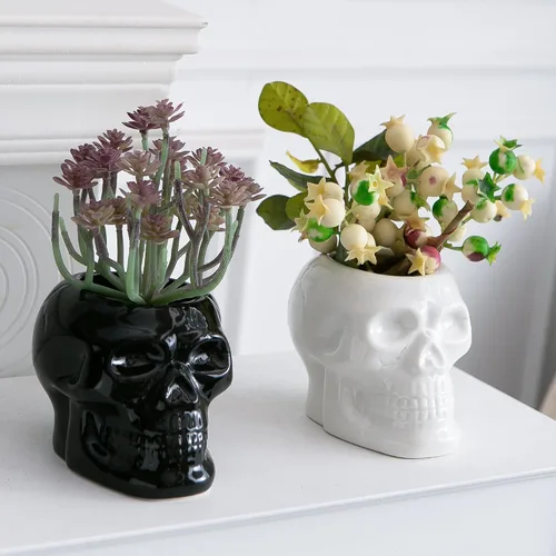 Vista 9 de Tanvecle - Macetas de calavera (2 unidades), jarrón gótico de esqueleto para Halloween Ceramic planter for succulent, flowers, centerpiece table