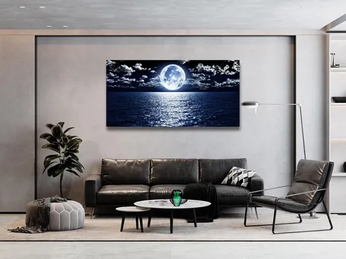 Vista 7 de Cao Gen Decor Art S06950 - Lienzo decorativo para pared, diseño de luna, mar, océano, paisaje, 1 panel, luna llena en nube, cuadros estirados