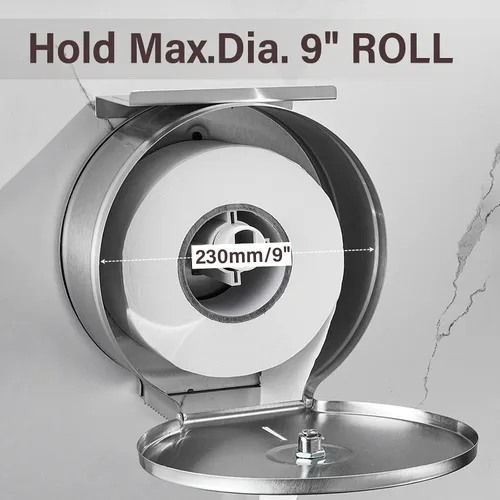 Vista 4 de Dispensador de papel higiénico jumbo comercial con estante, soportes para pañuelos, rollo de papel de 9 pulgadas, acero inoxidable con cerradura
