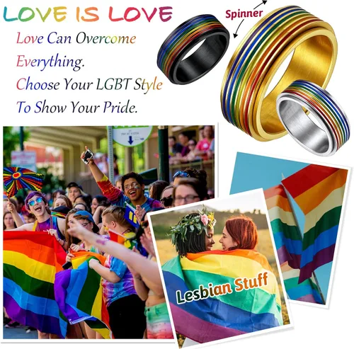 Vista 38 de FaithHeart Anillos para ansiedad LGBT Pride Rainbow, acero inoxidable/chapado en oro de 18 quilates, joyería de amor es amor para hombres y mujeres