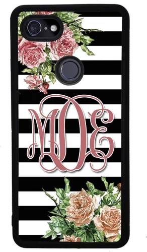 Vista 4 de Funda de goma negra con monograma de barras de flores vintage, compatible con Google Pixel 10, 10 Pro, 10 Pro XL, 9a, 9 Pro, Pixel 9, Pixel 9 Pro