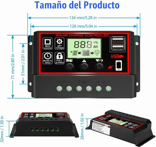 Vista 5 de Controlador de carga solar de 30A [Actualizado], regulador inteligente de batería de panel solar negro con puerto USB dual 12V/24V PWM, parámetro
