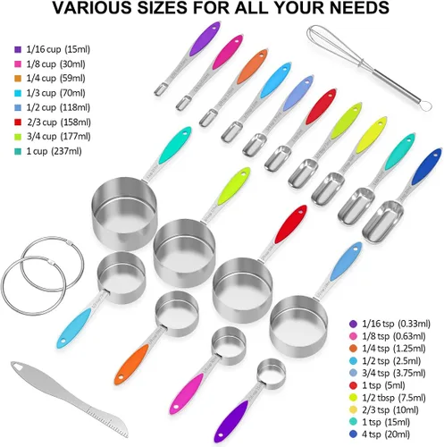 Vista 9 de Measuring Cups and Spoons - Wildone Stainless Steel 20 Piece Stackable Set, Includes 8 Measuring Cups, 10 Measuring Spoons, 1 Leveler & 1 Whisk, for