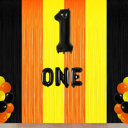 Vista 4 de Decoraciones de Fiesta de Cumpleaños de Construcción, Telón de Fondo de Flecos de Aluminio Naranja Negro Amarillo, Decoraciones de Fiesta de Camión