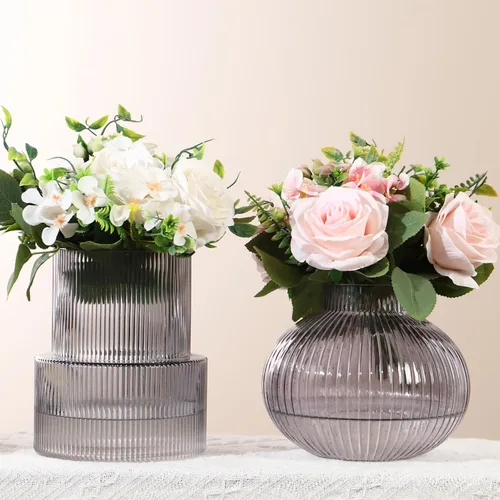 Vista 71 de Jarrones de vidrio acanalado, juego de 2 jarrones estriados para flores, florero de vidrio ámbar para tulipanes, jarrón moderno para sala de estar