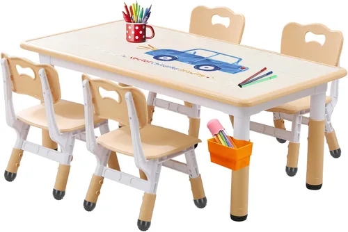 Vista 12 de Juego de mesa y silla para niños, juego de mesa y sillas para niños, altura ajustable, patas y organizador de mesa antideslizantes, escritorio