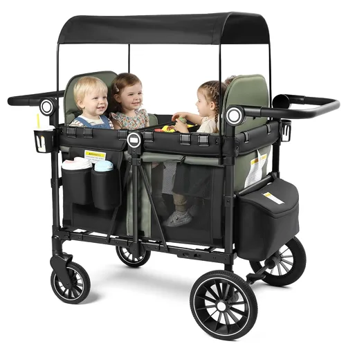 Vista 9 de Kinder King Cochecito Wagon para 4 niños, mango ajustable, gris