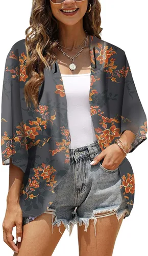 Vista 2 de Chunoy Cárdigan tipo kimono de gasa floral para mujer, blusa informal holgada