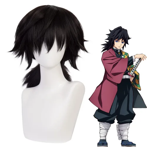 Vista 5 de MoeLoli Tomioka Giyuu - Peluca de cosplay para Demon Slayer, color negro, largo, disfraz largo, pelucas de Halloween para mujer (Tomioka Giyuu)