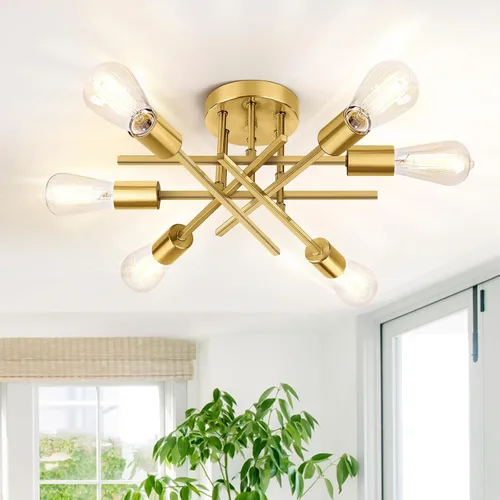 Vista 7 de Lámpara de techo semiempotrada dorada, lámpara de araña industrial moderna Sputnik de 4 luces, lámpara de techo empotrada para cocina, dormitorio