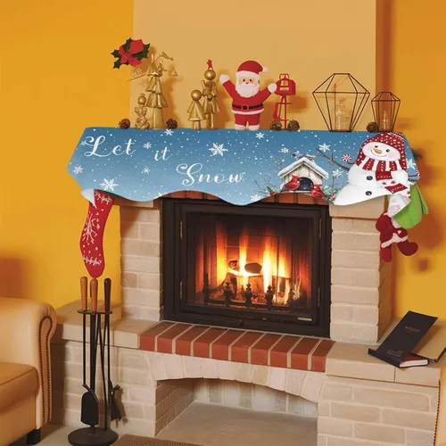 Vista 8 de Bufanda de chimenea de Navidad con diseño de muñeco de nieve de Navidad, copos de nieve, pájaros, chimenea, estante superior, bufanda, camino