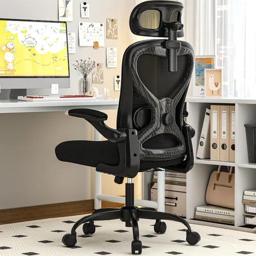 Vista 9 de Silla de oficina ergonómica para largas horas y alivio del dolor de espalda, diseño que ahorra espacio con soporte lumbar ajustable, brazos negro