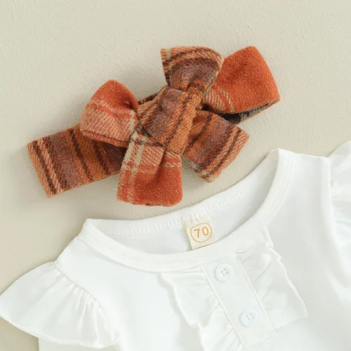 Vista 3 de Sasaerucure Trajes de otoño e invierno para bebé niña, mameluco de manga larga con falda a cuadros, 2 piezas, trajes de Navidad