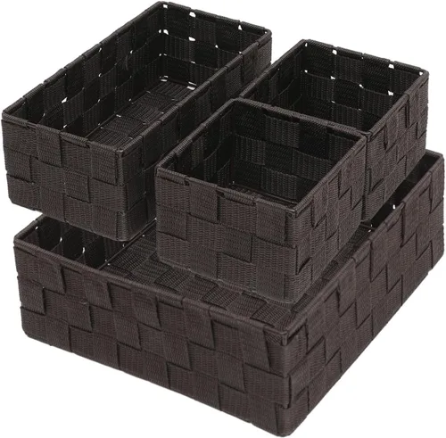 Vista 11 de Juego de 4 cestas de almacenamiento tejidas de polipropileno con marco de metal, cajas de tela apilables para cajones, armario, estante, guardería