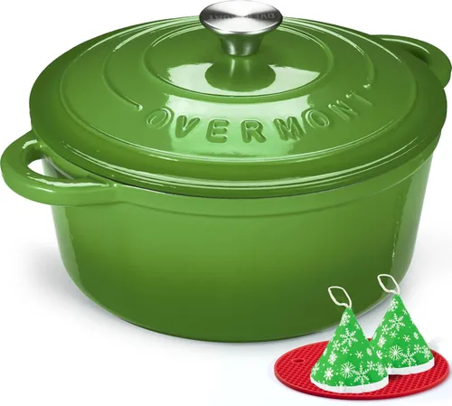 Vista 22 de Overmont - Horno holandés de hierro fundido esmaltado, de 4.5 QT, con tapa, libro de cocina (idioma español no garantizado) y agarraderas de verde