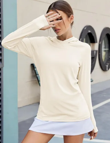 Vista 2 de LUYAA - Sudaderas con capucha para mujer, protección solar UPF 50+, transpirables, elásticas, para senderismo, manga larga, para correr Beige