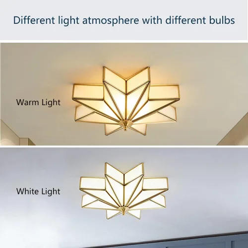 Vista 3 de LITFAD Moderna lámpara de techo LED de 4 luces biselada de vidrio esmerilado empotrado, lámpara de iluminación tradicional de latón con estrella