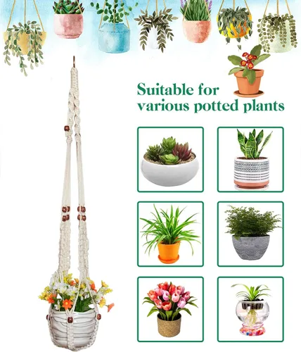 Vista 3 de GROWINGGAIR - Paquete de 5 perchas de macramé para plantas, hechas a mano, de algodón, con 10 ganchos, soporte para macetas, cuentas de madera
