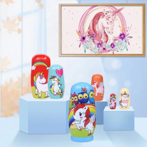 Vista 7 de Winterworm Juego de 6 muñecas rusas de madera con diseño de unicornio para decoración del hogar, juguetes apilables para cumpleaños