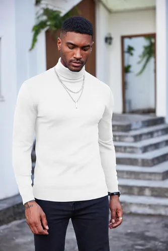 Vista 6 de COOFANDY Suéter de cuello alto ajustado para hombre, casual, básico, de manga larga, suéter de punto