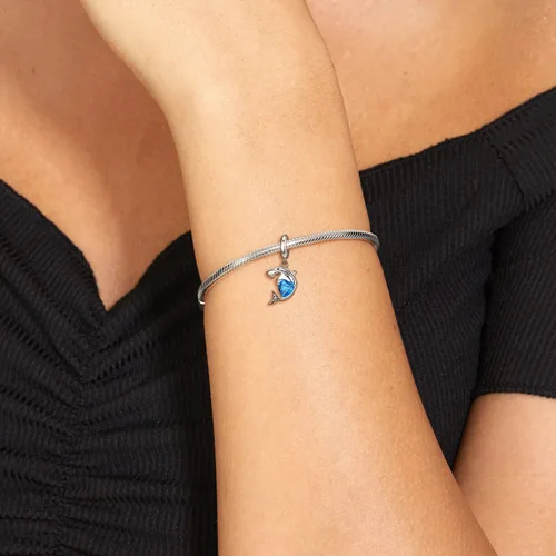 Vista 2 de Abalorio de sirena de plata de ley 925 con diseño de delfín y ballena, dije de tiburón para pulsera Pandora, Plata esterlina