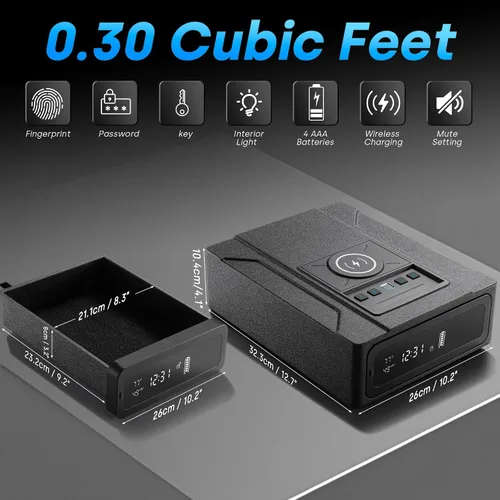 Vista 4 de Caja fuerte biométrica para pistola con carga inalámbrica, acceso rápido inteligente para pistola de huellas dactilares, funda para pistola de noche