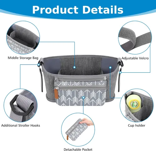 Vista 4 de Accmor Organizador universal para cochecito con bolsa desmontable para teléfono, organizador de cochecito, accesorios para Uppababy, Baby Jogger