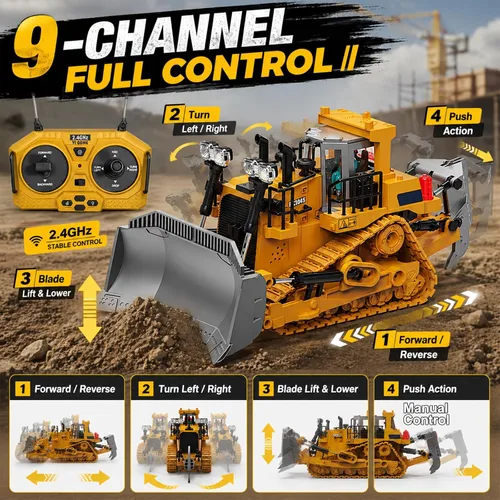 Vista 3 de YESHIN Bulldozer a control remoto, tractor de metal de 9 canales con luces y sonido, juguete de vehículo de construcción de 2.4 GHz, recargable