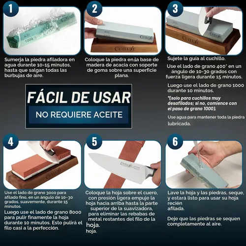 Vista 4 de Cutluxe Afilador de cuchillos Whetstone – Kit de piedra de afilar, profesional de 4 lados grano 400/1000/3000/8000, base de madera de acacia