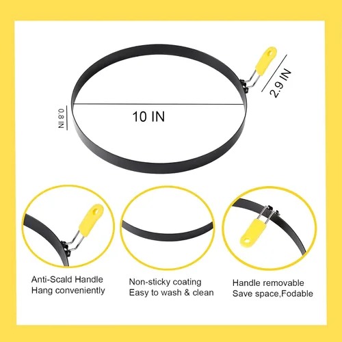 Vista 3 de Anillo de tortilla extra grande de 10 pulgadas para plancha, anillo de huevo de panqueques de acero inoxidable con mango de silicona, accesorio