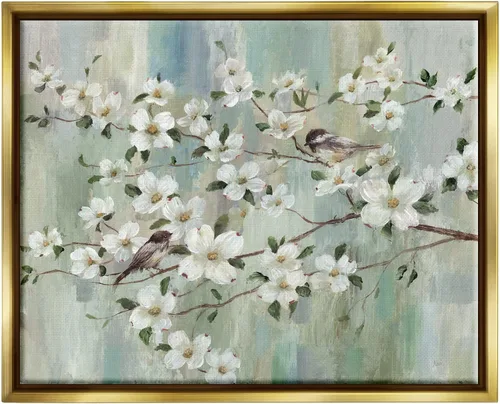 Vista 9 de Stupell Industries Delicadas flores de cerezo encaramadas pájaros pintura clásica flotante enmarcado arte de pared, diseño de Nan