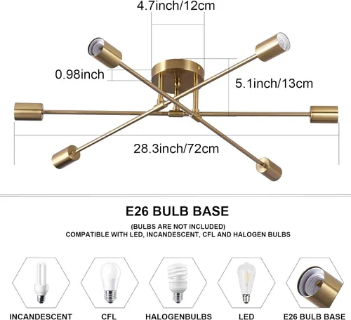 Vista 5 de Lámpara de techo semiempotrada, lámparas de araña Sputnik modernas de 6 luces en latón con base E26, lámparas de cocina estilo granja vintage