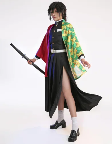 Vista 5 de Miccostumes Conjunto de uniforme de kimono para mujer y falda larga con abrigo y cinturón