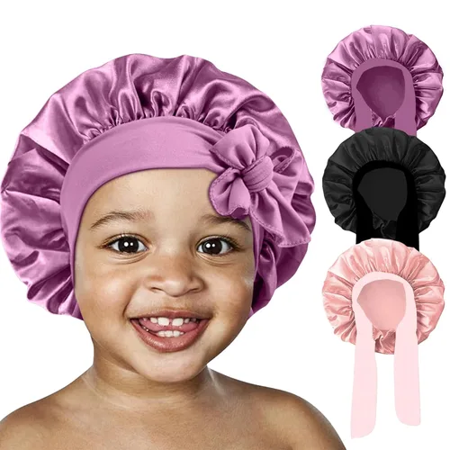 Vista 12 de 3 Piezas Gorros de Seda para Niños para Dormir - Gorro de Satén para Bebé para Dormir, Gorros de Cabello para Niños para Cabello Rizado Niñas Niños