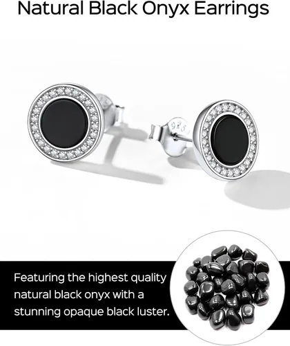 Vista 2 de ChicSilver Pendientes de tuerca de plata de ley 925 con runa vikinga de ónix negro natural para mujeres y hombres