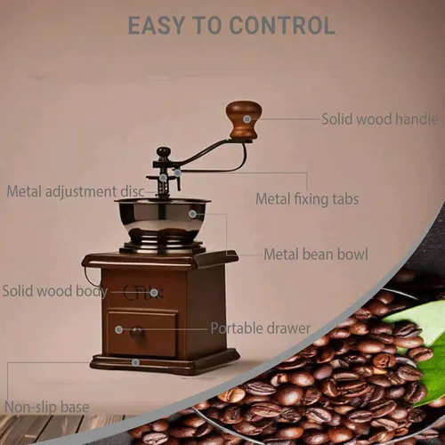 Vista 3 de Molinillo de café manual vintage, ajuste de engranaje ajustable con rebabas cónicas de cerámica, molinillo de café de mano antiguo para uso