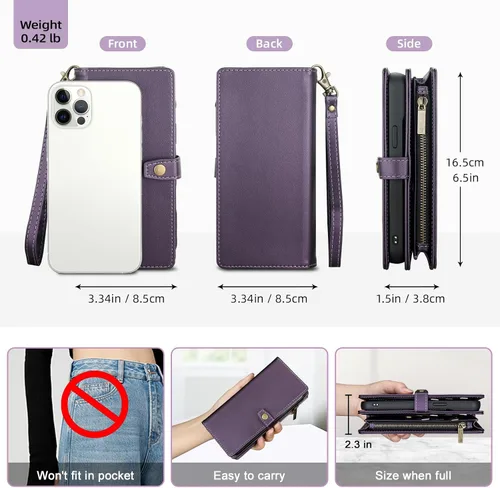 Vista 5 de TwoHead Funda tipo cartera para iPhone 12 Pro Max con tarjetero, funda magnética desmontable para teléfono 12 Pro Max, piel sintética, a prueba