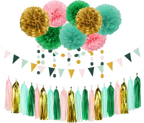 Vista 16 de Decoraciones de fiesta de fútbol negro verde plateado - 30 piezas de serpentinas de graduación de fútbol, pompones de papel de seda, guirnalda