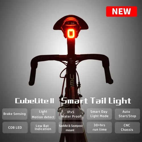 Vista 2 de CUBELITE II Luz inteligente para bicicleta, detección automática de luz ambiental, luz trasera con detección de freno, recargable por USB, súper