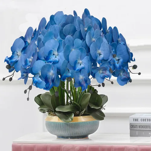 Vista 5 de FagusHome Flores de Phalaenopsis Artificiales de 32 Pulgadas 6 Piezas Tallos de Flores de Orquídeas Artificiales para Decoración del Hogar (Azul)