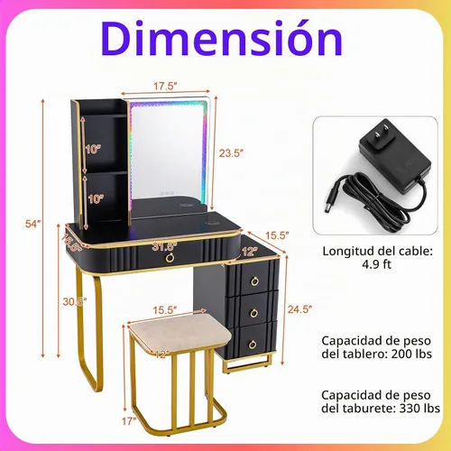 Vista 7 de CHARMAID RBG - Mesa de tocador de maquillaje LED, espejo iluminado colorido, 7 modos dinámicos y 7 estáticos, baúl de 3 cajones, 3 estantes, cajón