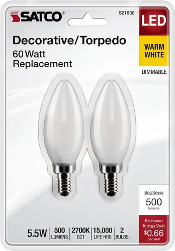 Vista 2 de Satco S21830 - Bombilla LED B11 de 5.5 W, esmerilada, base de candelabro, 2700K, 500 lúmenes, 120 voltios, paquete de 2