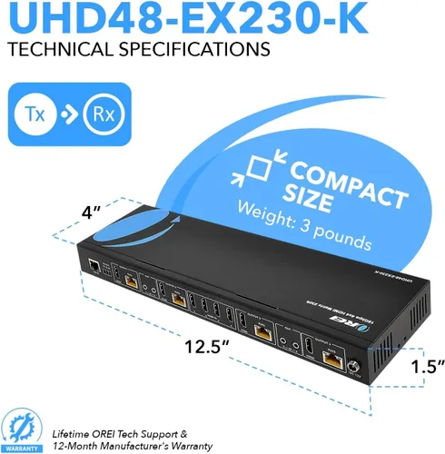 Vista 5 de OREI Matriz Extensora HDMI 4K 4x4 – UltraHD 4K @ 60Hz 4:4:4 sobre cable CAT5e/6/7 individual con conmutador HDR y control IR, RS-232 – hasta 230