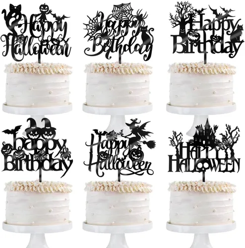 Vista 2 de 6 adornos acrílicos para tartas de Halloween, decoración de pastel de cumpleaños de Halloween, espeluznante con murciélago, calabaza, fantasma