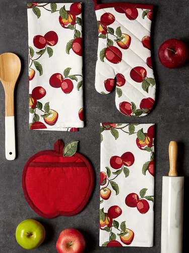 Vista 4 de DII Colección Juego de Regalo de Cocina, Agarrador de Ollas, Guante de Horno y 2 Toallas de Cocina, Huerto de Manzanas, 4 Piezas