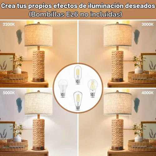 Vista 5 de Lámpara de mesa de ratán para sala de estar con 2 puertos USB, lámpara de mesa de dormitorio de 27 pulgadas de altura con base de sarga marina hecha